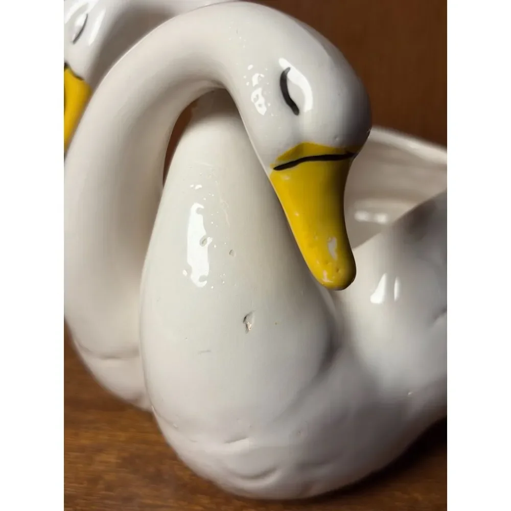 Vintage White Ceramic Double Swan Lovebird Dish Planter Intertwined Necks